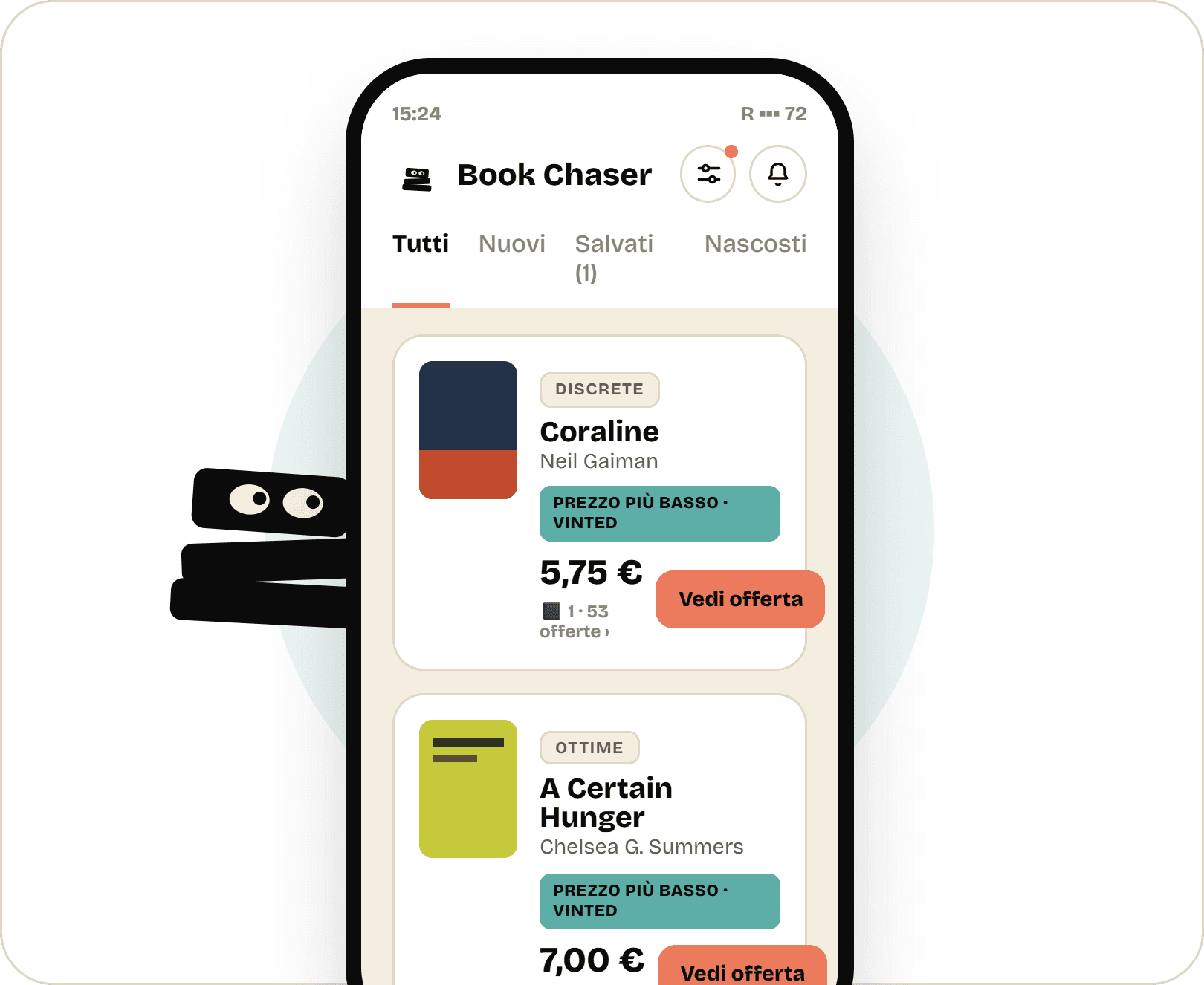 La lista degli avvisi di Book Chaser: Coraline a 5,75 € e A Certain Hunger a 7,00 €, ognuno con il prezzo più basso trovato su Vinted