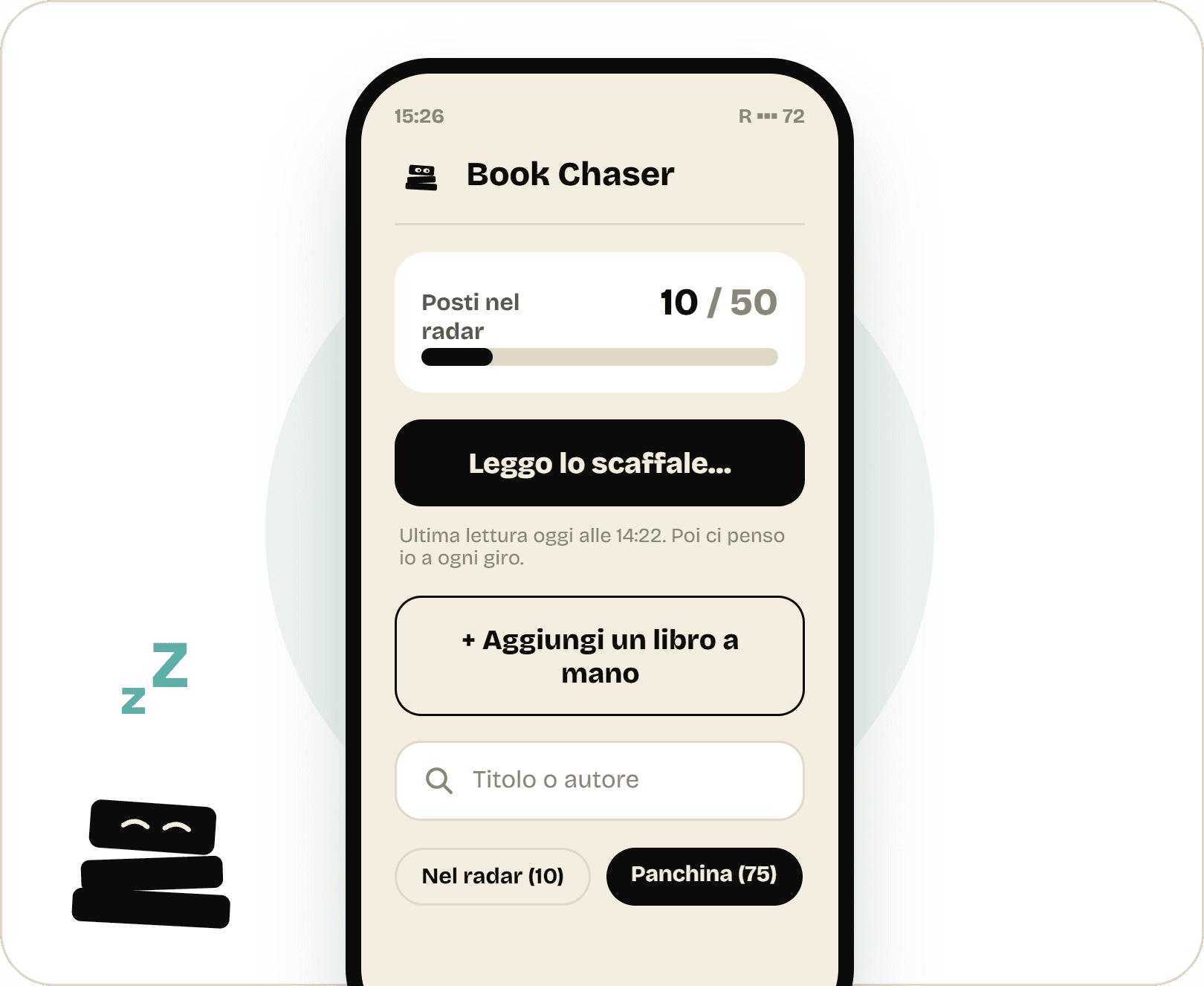 Il radar di Book Chaser con 10 libri sorvegliati su 50, mentre la mascotte dorme